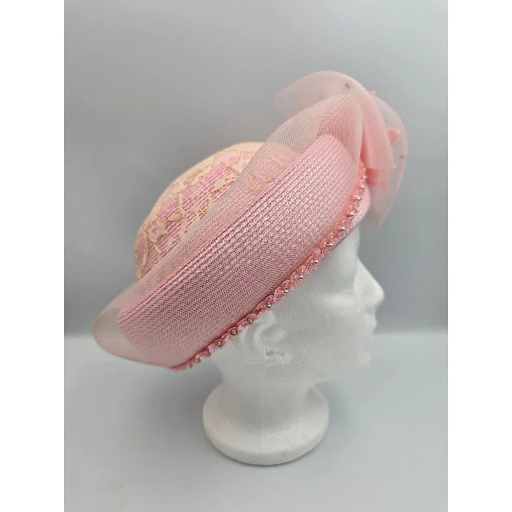 Mr Hi's Classic Pillbox Hat Womens OS Pink Good Sequin Lace Floral Church‎ Derby